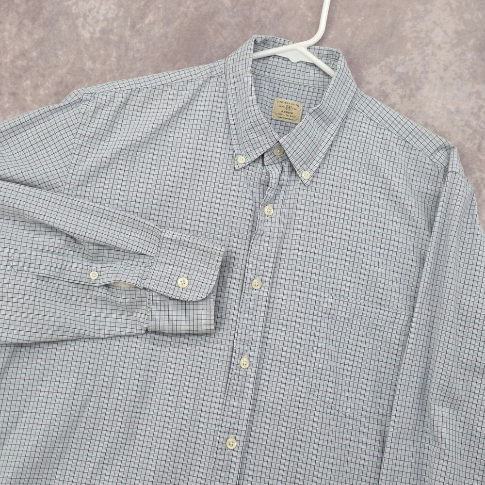 J.Crew Mens Large 16-16.5 Green Blue Tattersall Check 2-Ply Cotton Button Down